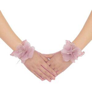 Women's Tulle Floral Short Dusty Rose Gloves Flower Design Tea Party Accessories